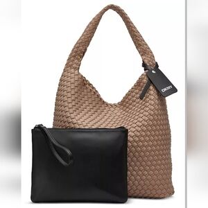 DKNY Woven Beige "Cappachino" Giselle Hobo Bag with Black Pouch
